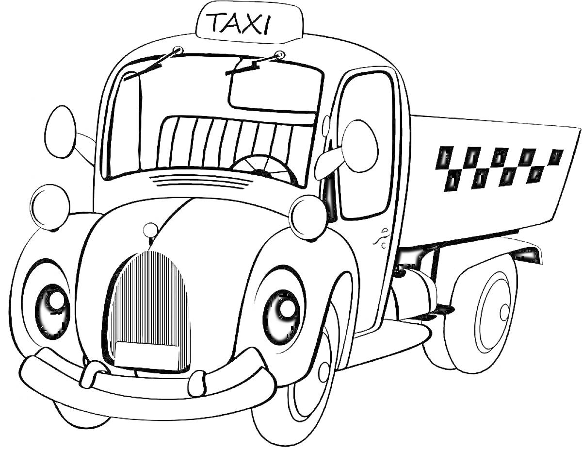 На раскраске изображено: Такси, Транспорт, Багажник, Фары, Зеркало, Авто, Кабина водителя, Машины