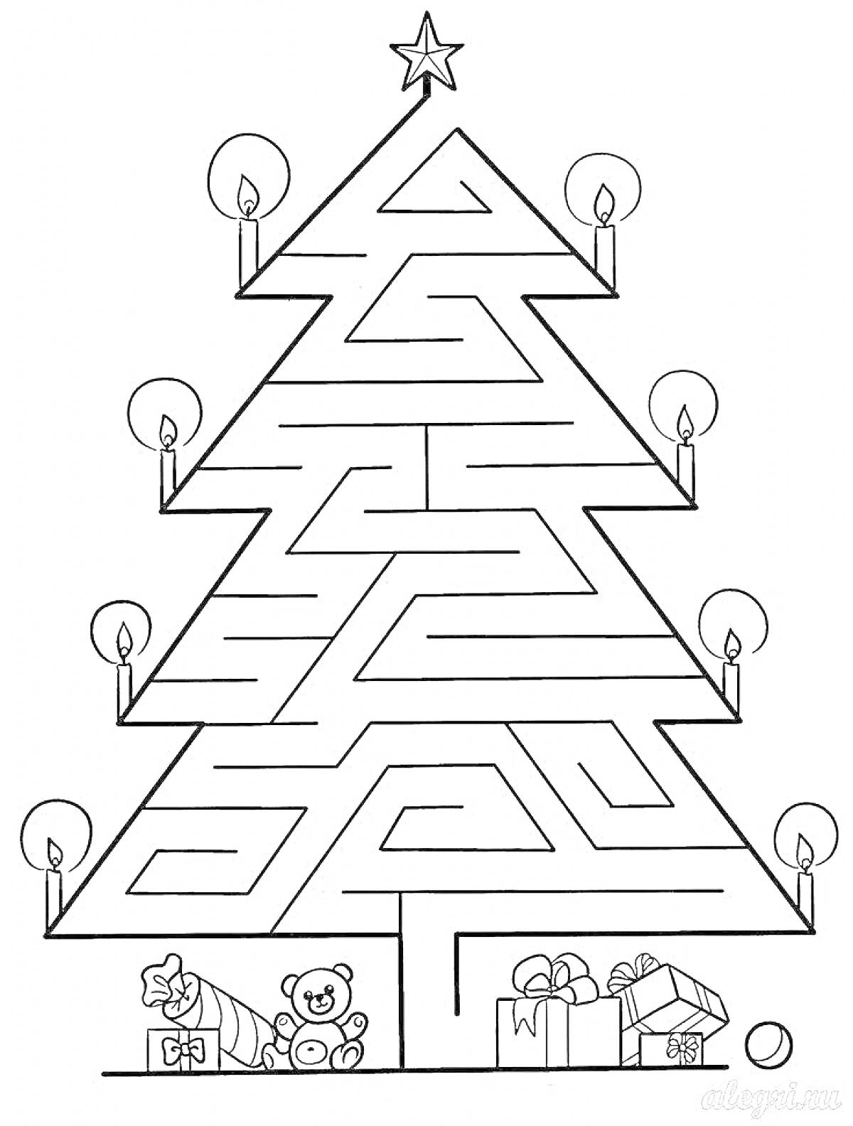Раскраска Новогодний лабиринт в форме ёлки с игрушками, свечами, звёздочкой и подарками