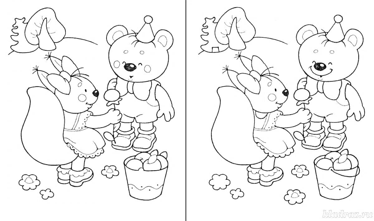 Раскраска Медвежонок и Кролик с корзиной, надписью и цветами