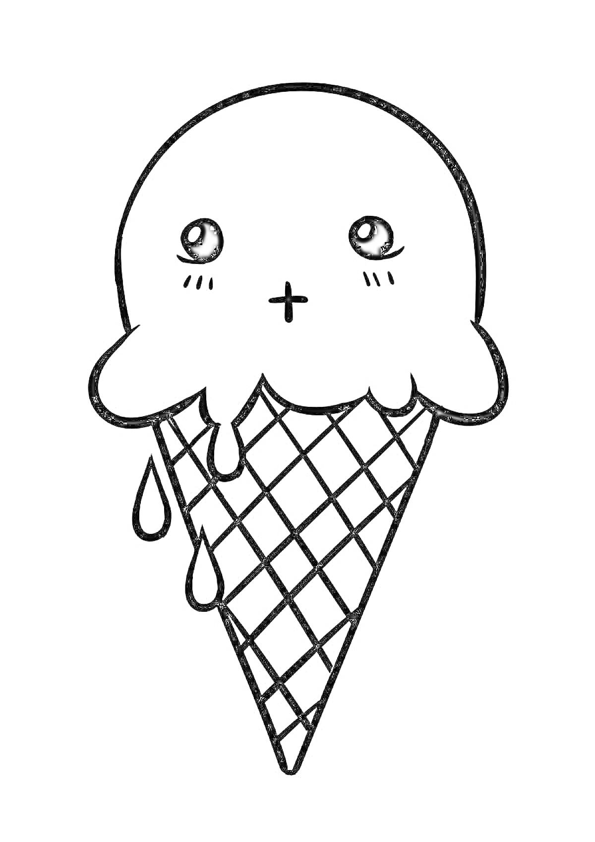 Раскраска Мороженое в рожке с милым лицом и капельками, сбегающими по бокам