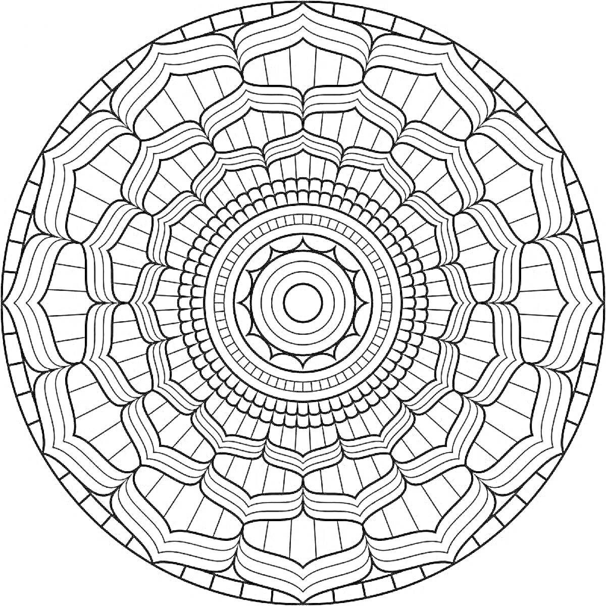 На раскраске изображено: Мандала, Медитация, Симметрия, Узоры, Антистресс, Концентрические круги, Лепестки, Линии, Арт-терапия
