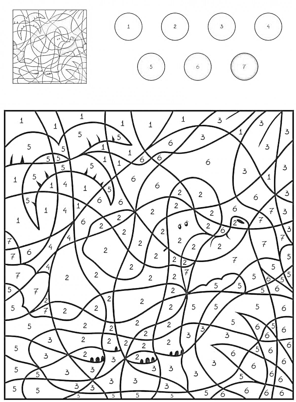 Раскраска Набор для раскрашивания по номерам с изображением слона, с номерами зон от 1 до 7 и кругами с оттенками серого для каждого номера.