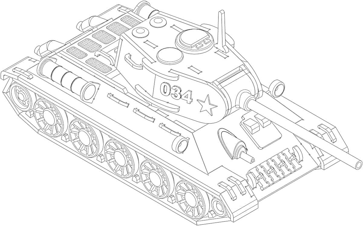 Раскраска танк Т-34, танк с пушкой, гусеницы, звезда, номер 034