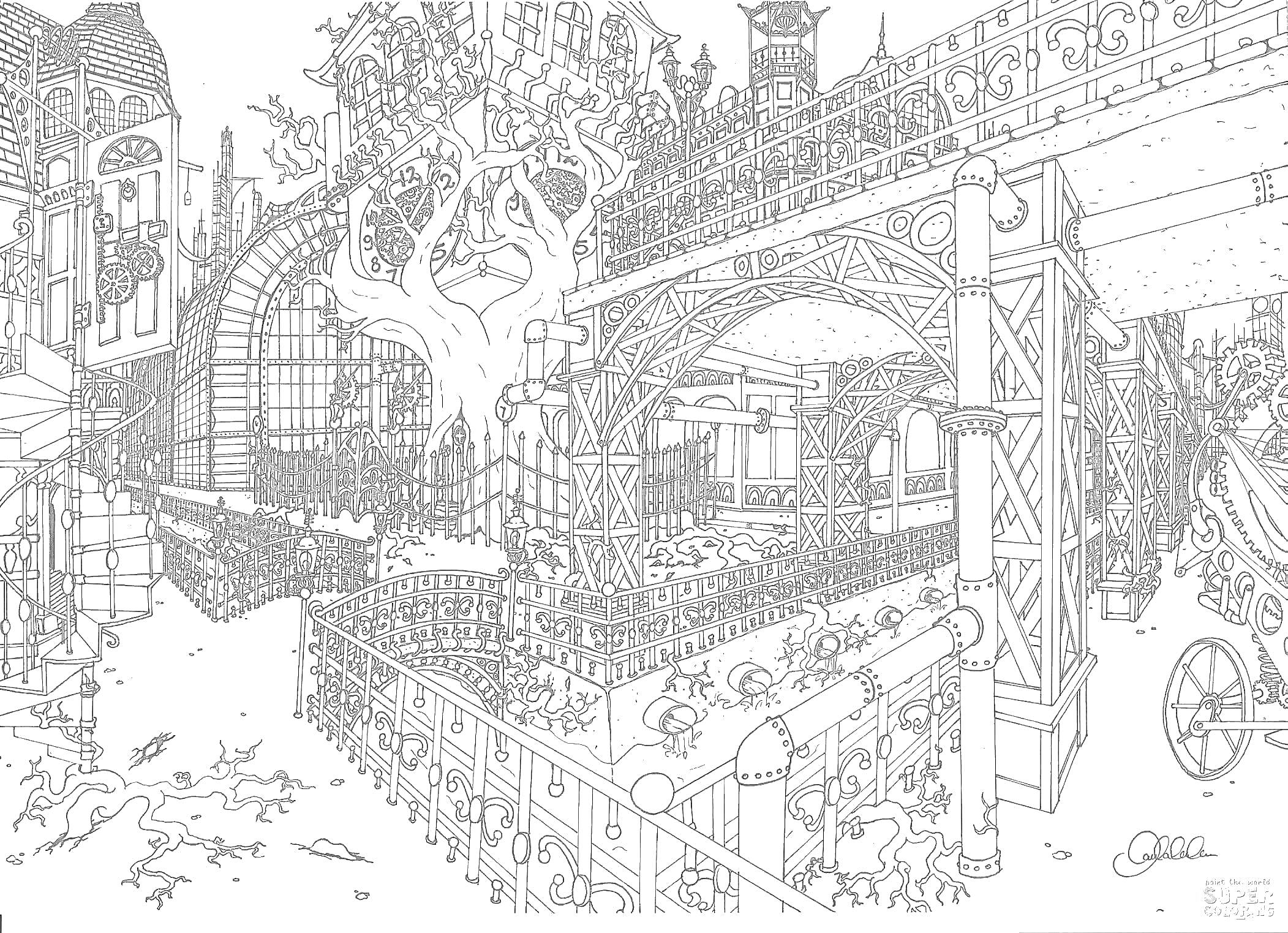 Раскраска Город с мостами, стальными конструкциями, деревом посередине, густой растительностью, зданиями, арками и детализированными элементами
