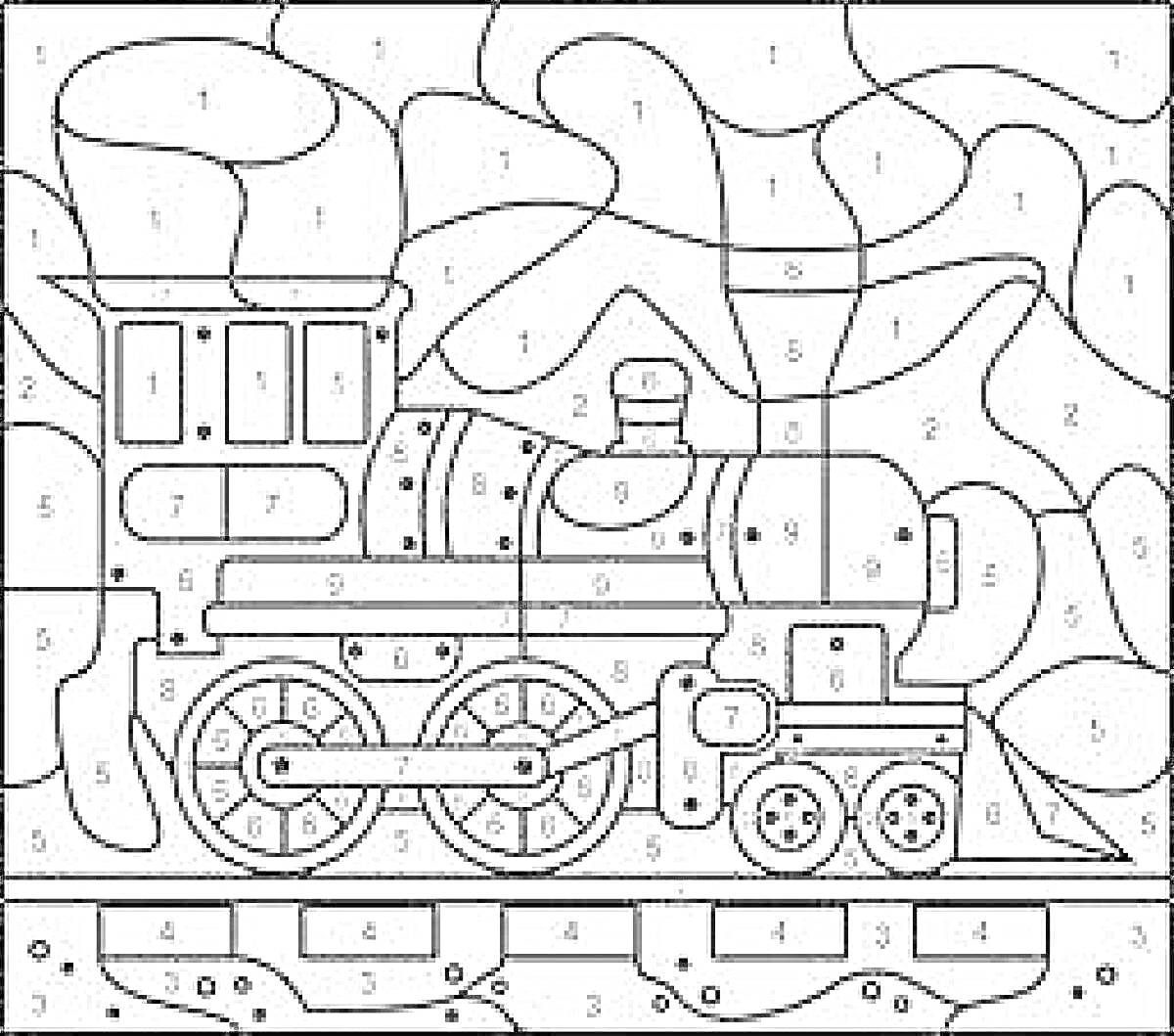 На раскраске изображено: Паровоз, Транспорт, По номерам, Рельсы, Облака, Поезд