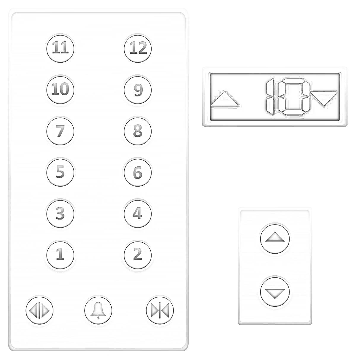 Раскраска Панель кнопок лифта с цифрами от 1 до 12, индикатором текущего этажа, кнопками со стрелками для выбора направления