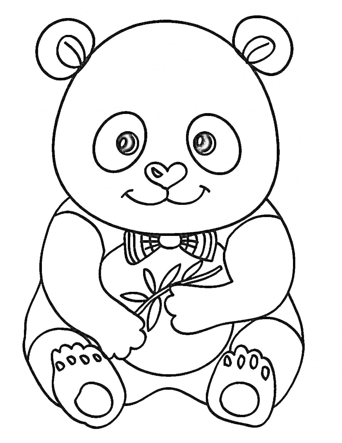 Раскраска Панда с бантиком, держащая веточку