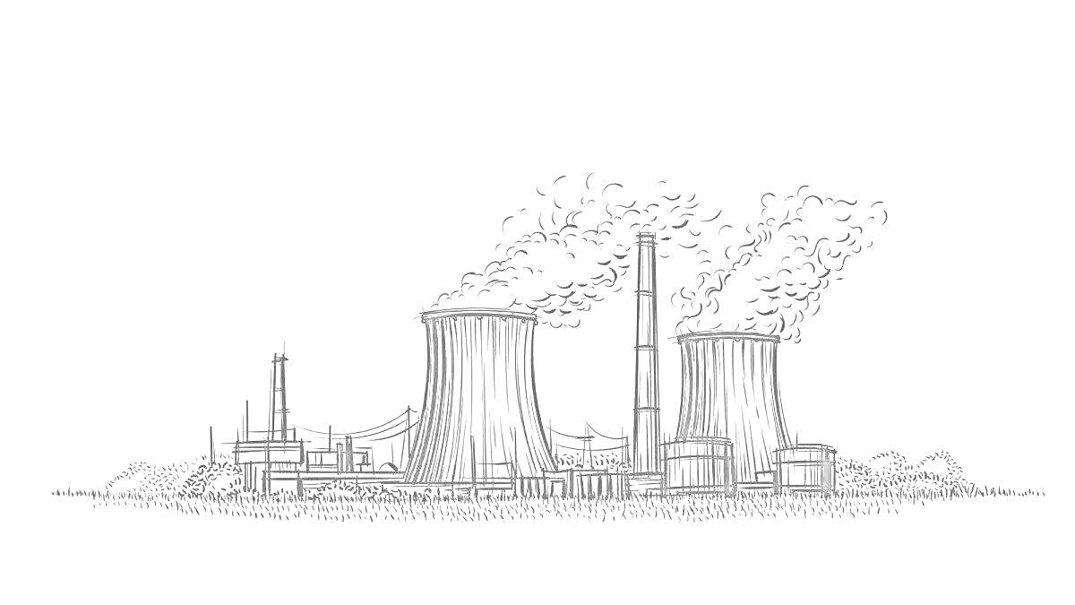 Раскраска Атомная электростанция с охлаждающими башнями, дымовыми трубами и зданиями в окружении зелени