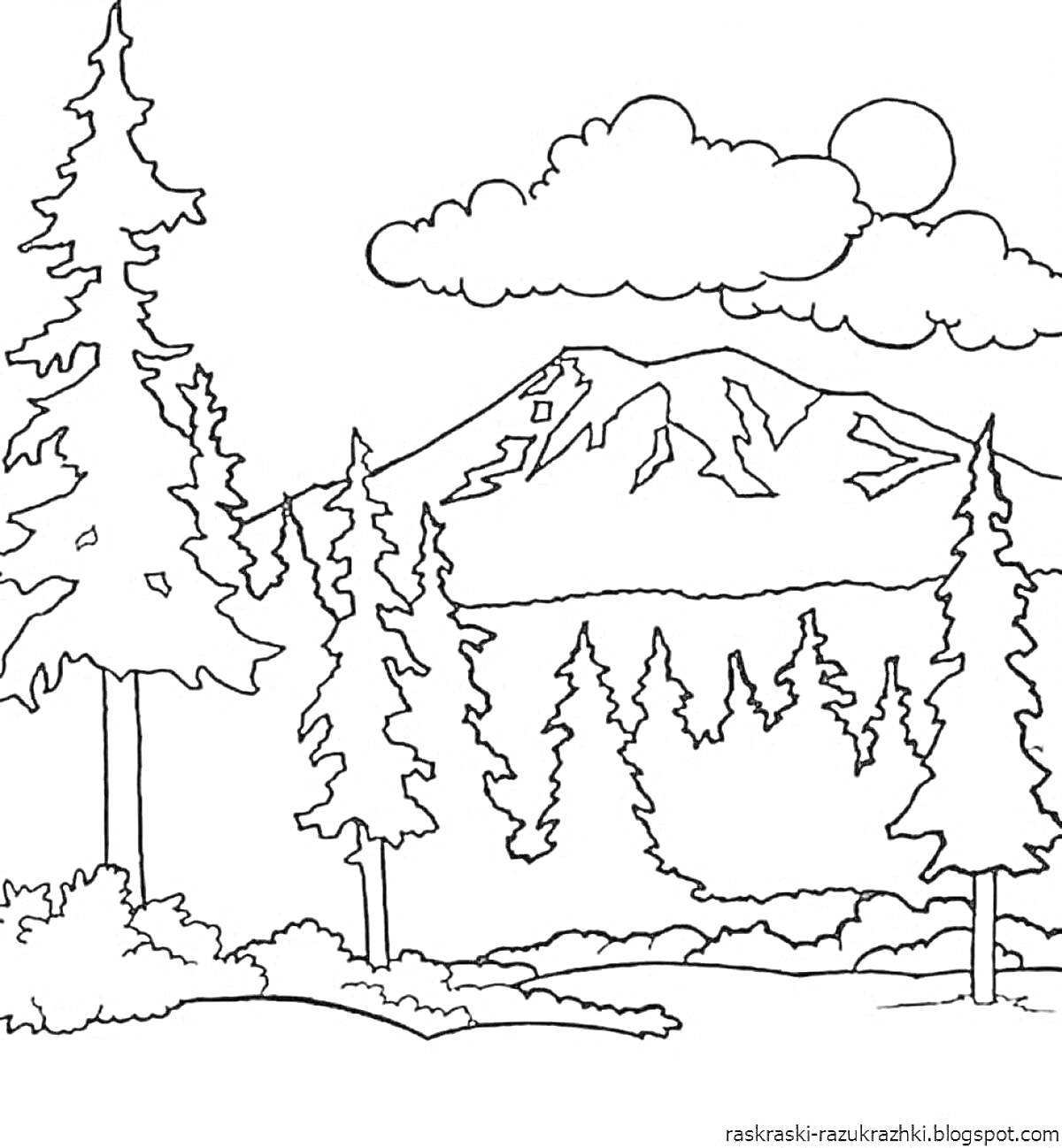На раскраске изображено: Еловый лес, Горы, Облака, Солнце, Пейзаж, Природа, Деревья