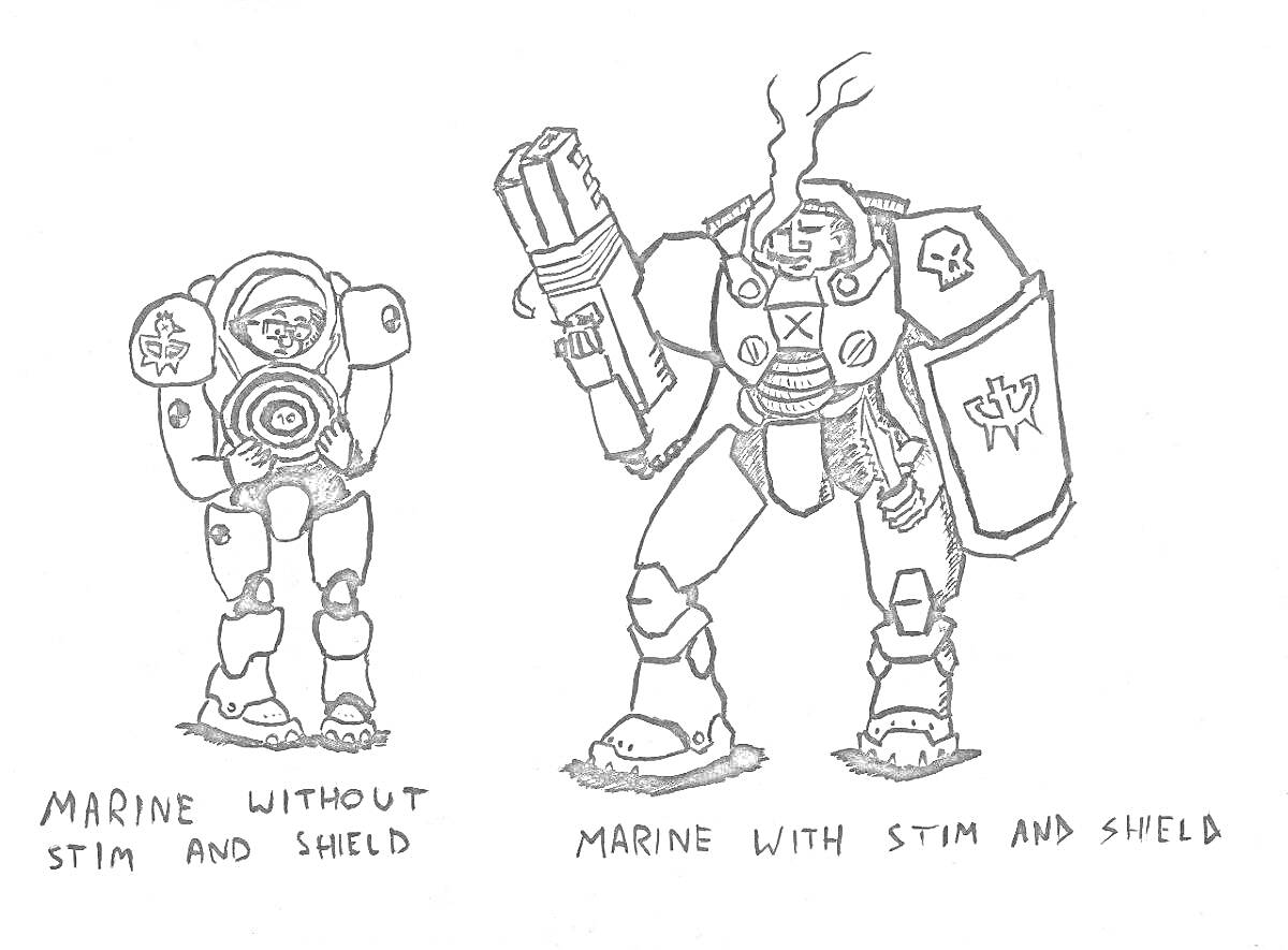 Раскраска Морпехи Старкрафт — морпех без стимпака и щита, морпех со стимпаком и щитом