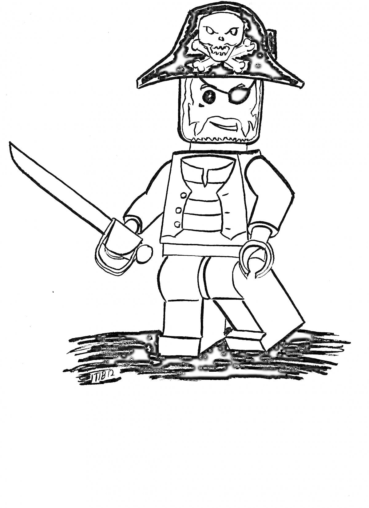 На раскраске изображено: Лего, Зомби, Пиратская шляпа, Меч, Пиратский костюм