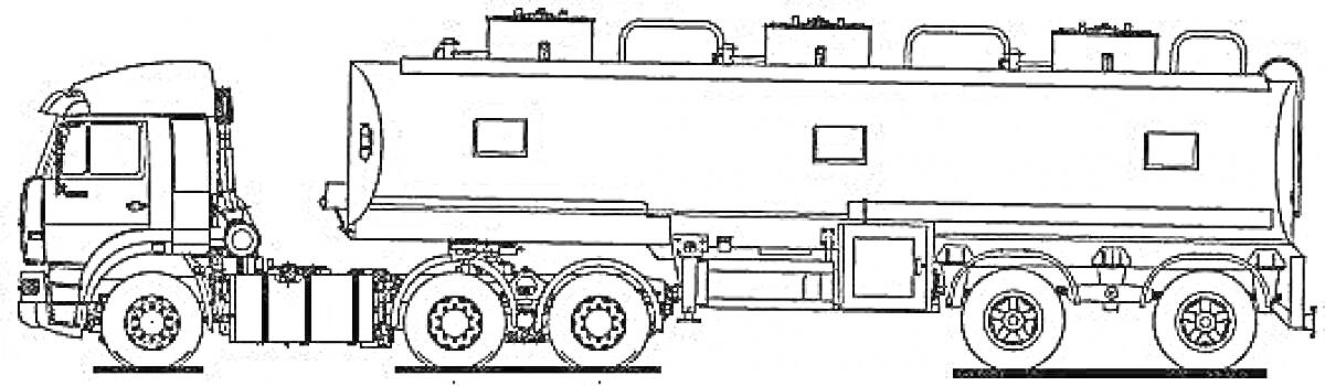 Раскраска Бензовоз с кабиной и цистерной, на шести колесах, с деталями цистерны