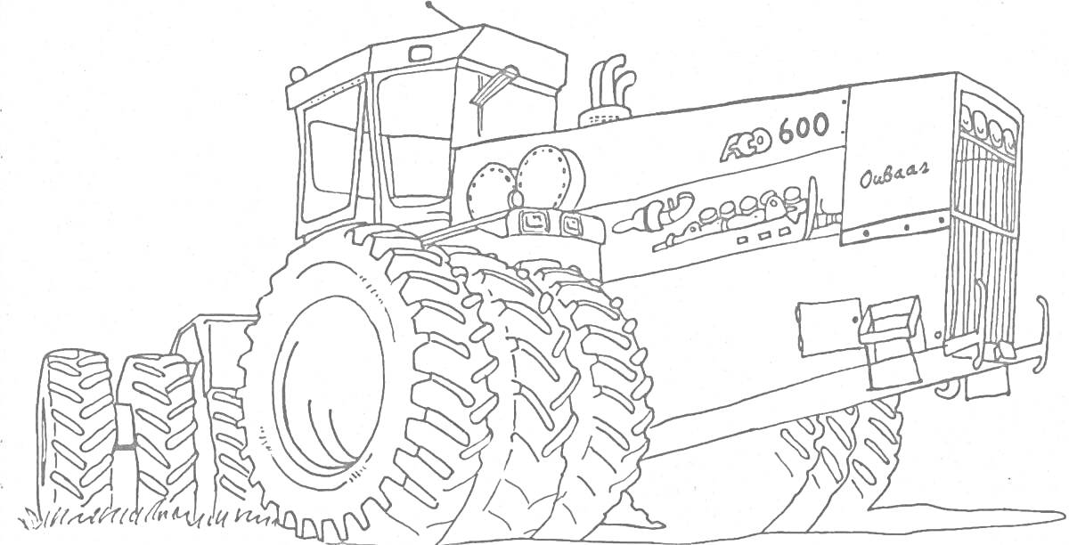 На раскраске изображено: Трактор, Кировец, К-700, Сельскохозяйственная техника, Поле, Большие колеса, Кабина водителя