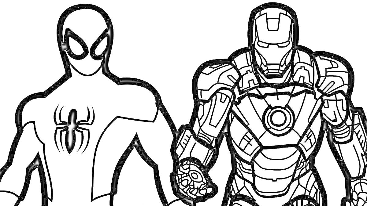 На раскраске изображено: Робокс, Человек-Паук, Железный человек, Супергерои, Марвел, Комиксы