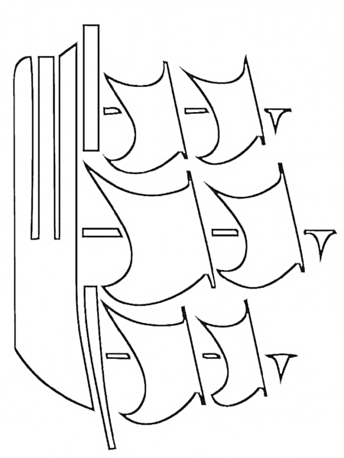Раскраска Парусник с множеством парусов на мачтах