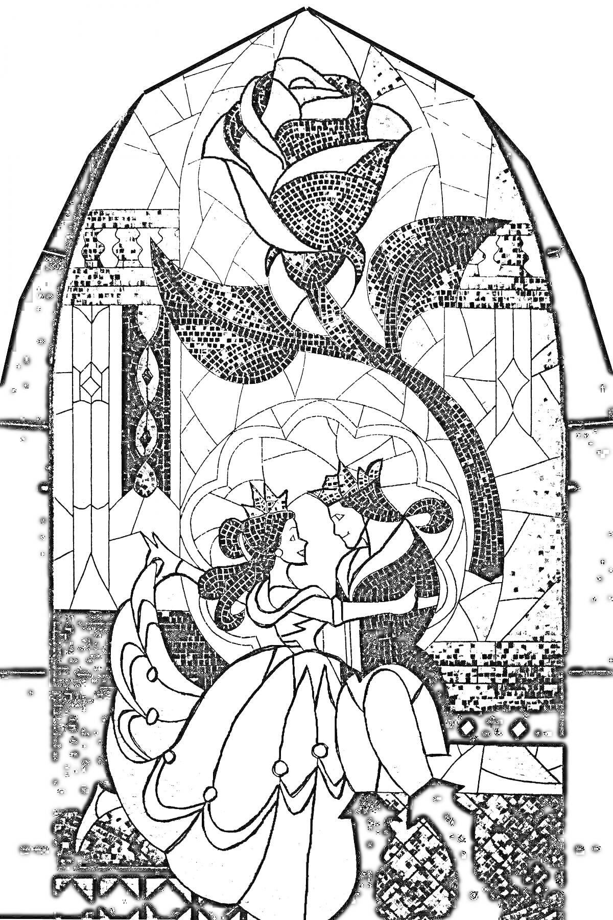 На раскраске изображено: Король, Королева, Средневековье, Узоры, Окна