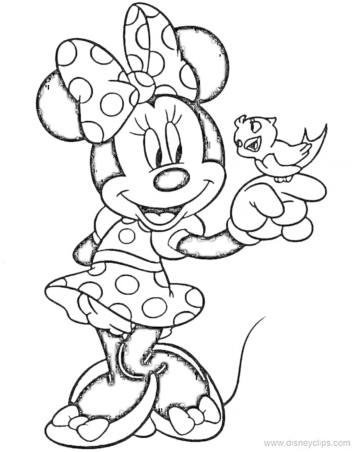 Раскраска Мышка с бантом в горошек держит птичку на пальце