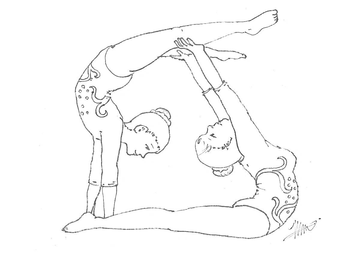 На раскраске изображено: Гимнастика, Спорт, Акробатика, Стойка на руках, Растяжка