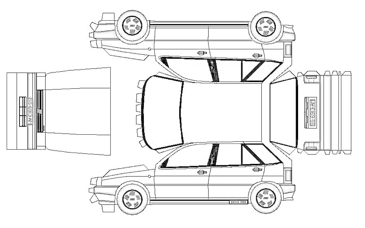 Раскраска Раскраска для создания автомобиля из бумаги с изображением всех внешних элементов автомобиля: переднего бампера, заднего бампера, боковых частей автомобиля, колес, окон и крыши.