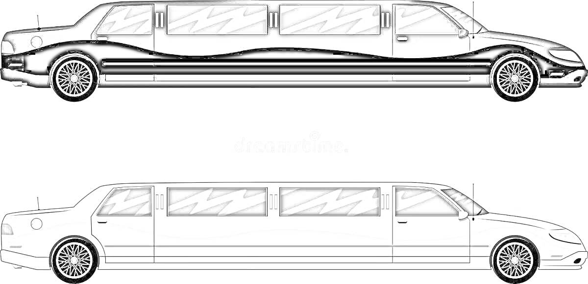 Раскраска Два лимузина, черный и белый, боковая проекция