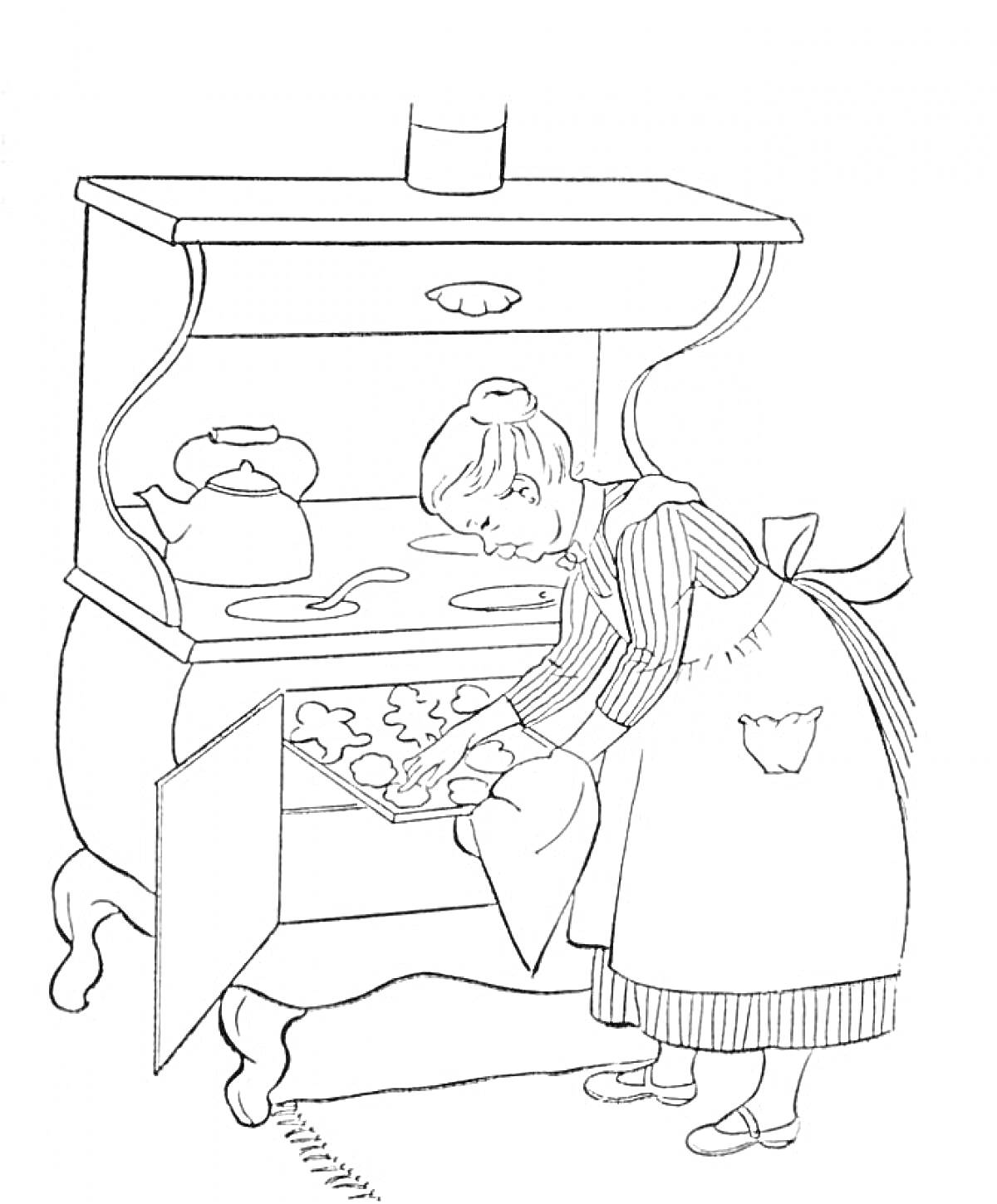 Раскраска Бабушка у плиты с духовкой, ставит выпечку на противень