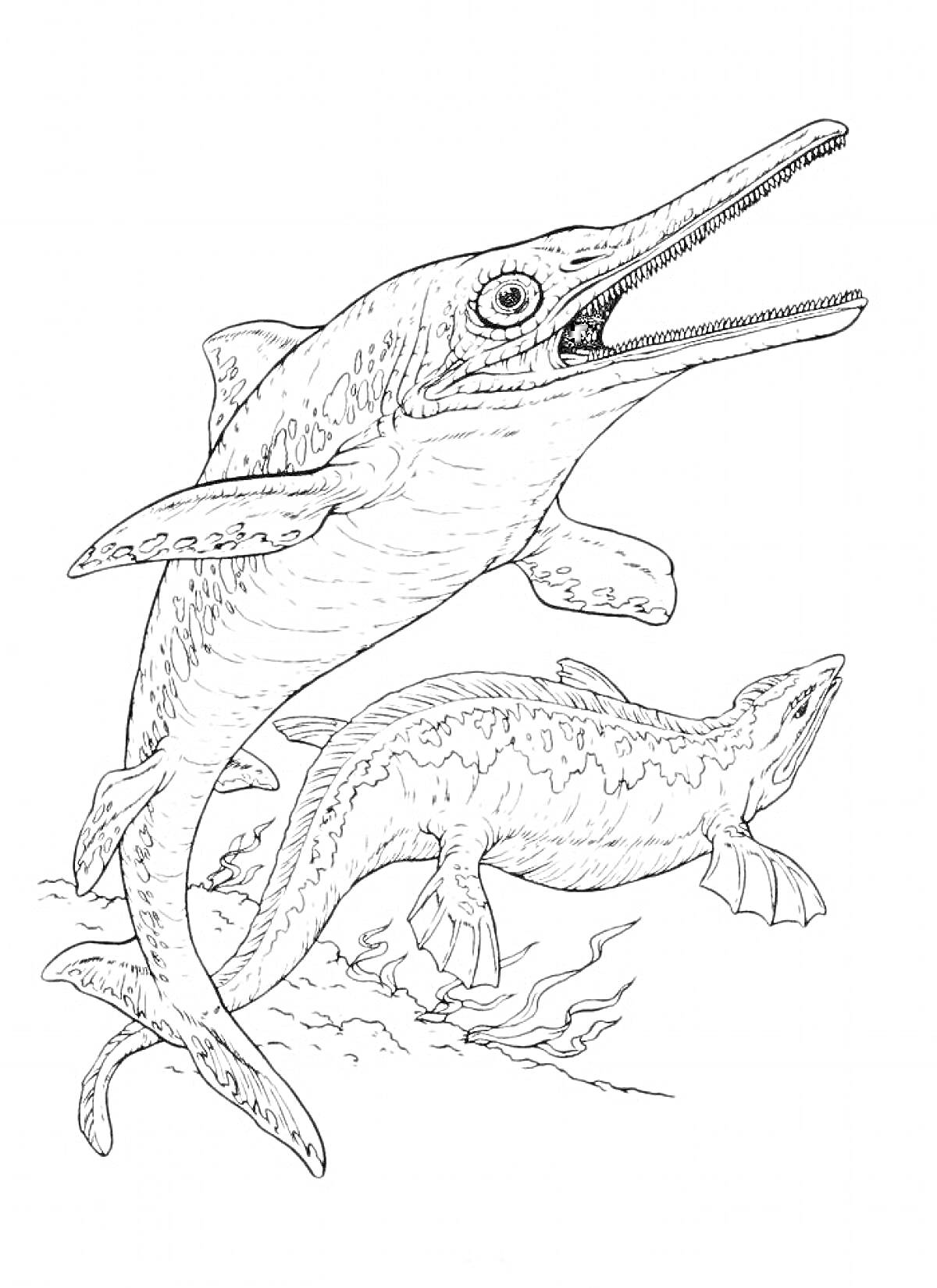 Раскраска Ихтиозавры в подводном мире с водорослями на дне