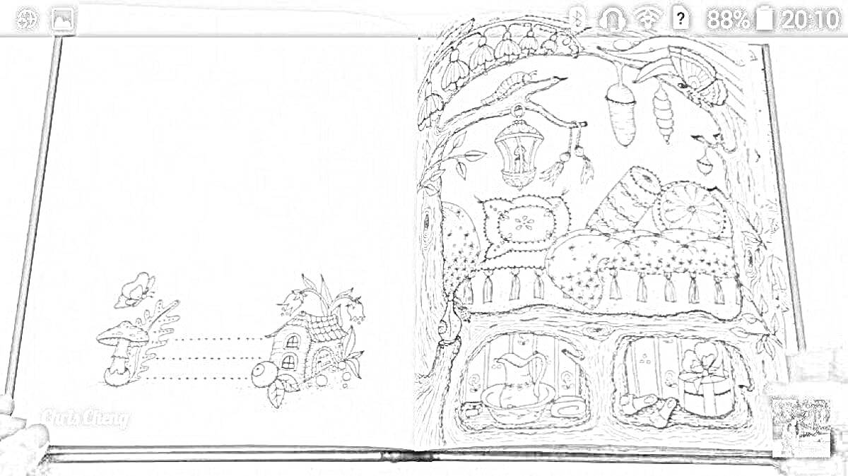 На раскраске изображено: Домик на дереве, Часы, Мороженое, Пчела, Лампа, Деревья