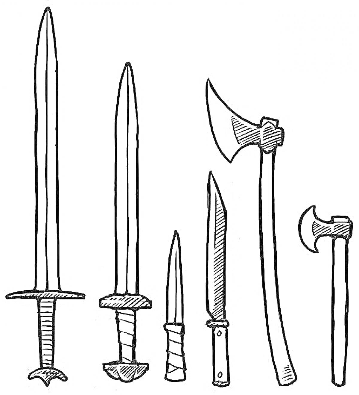 На раскраске изображено: Меч, Оружие, Клинок, Средневековье, Кинжалы, Топоры