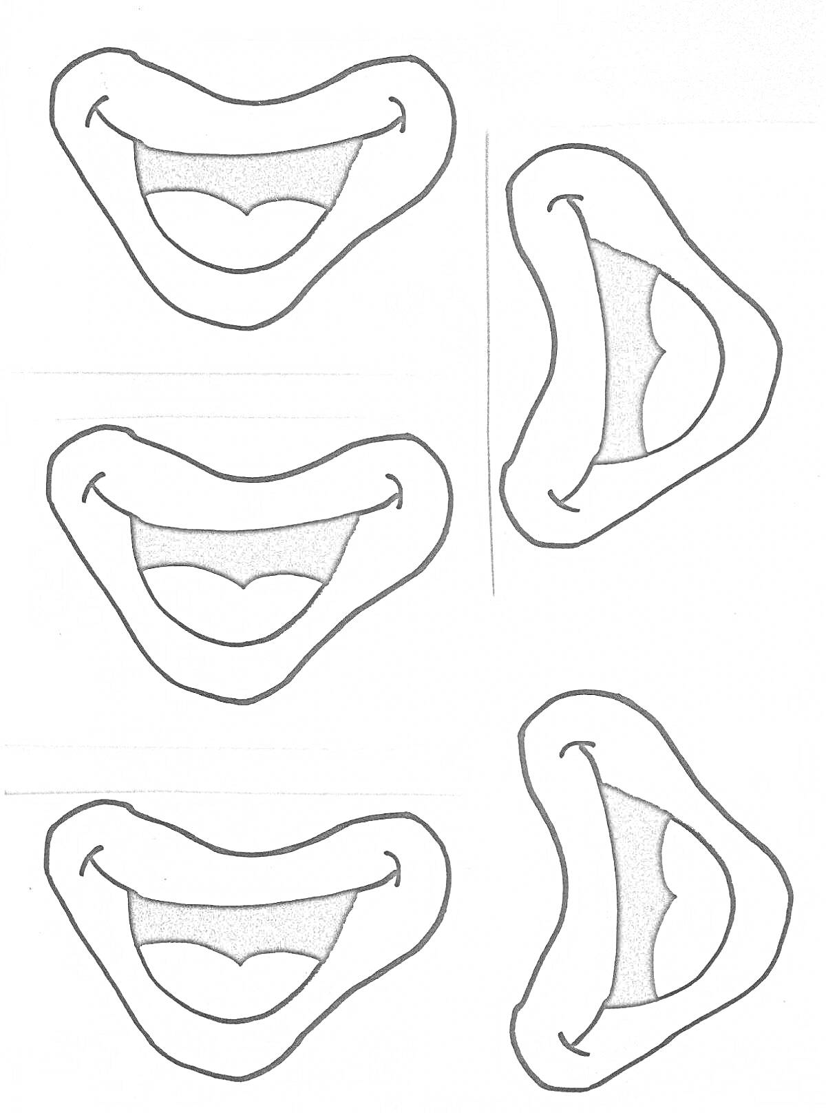 Раскраска с пятью улыбающимися ртами и двумя открытыми ртами сбоку