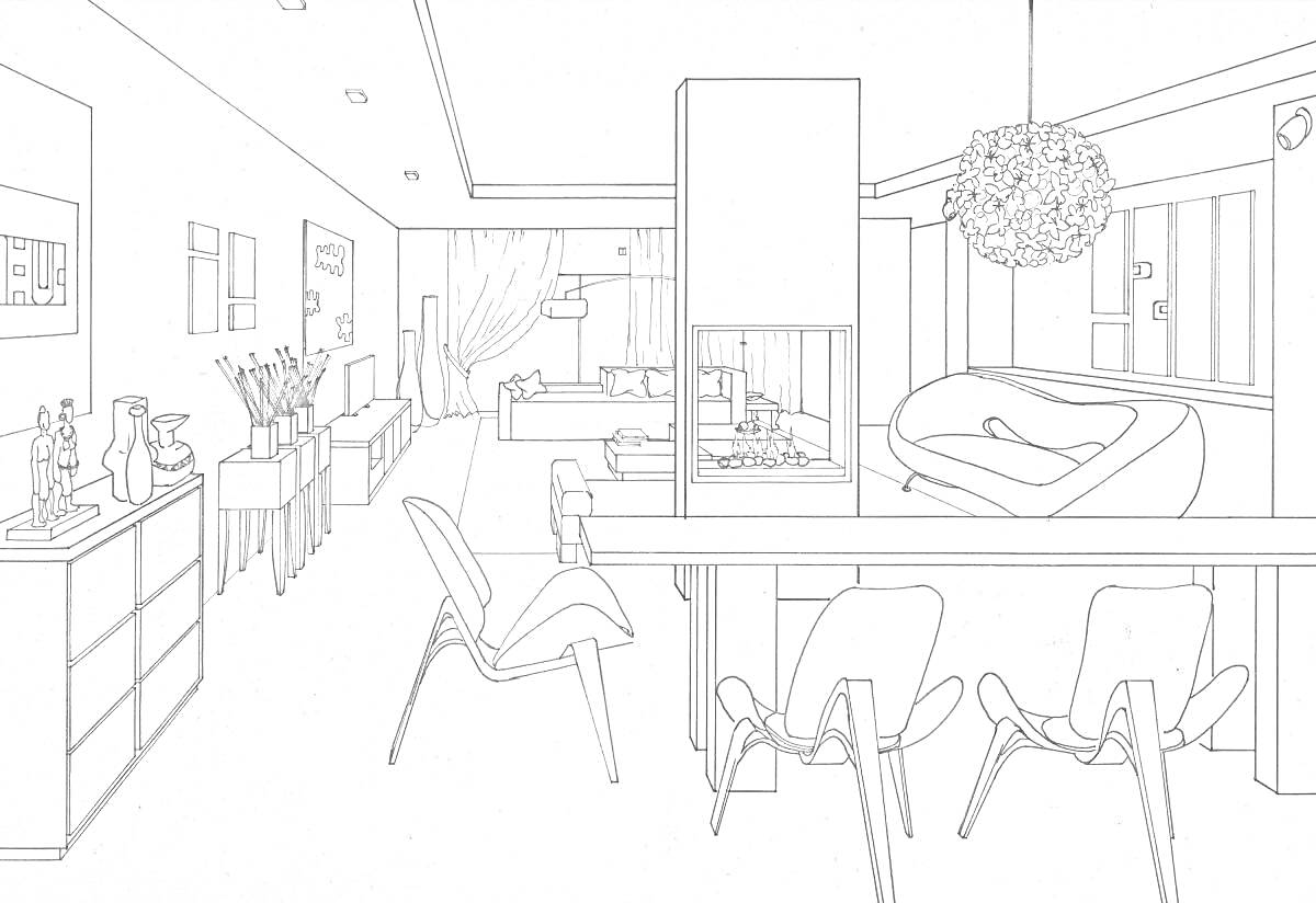 Раскраска Современный интерьер гостиной с диваном, креслами, столом, комодом, телевизором и люстрой