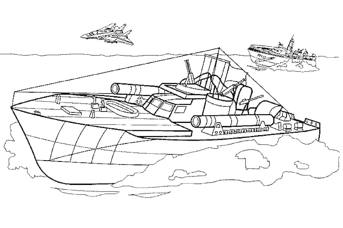 На раскраске изображено: Катер, Корабль, Военный корабль, Истребитель, Море, Небо, Патруль, Водный транспорт