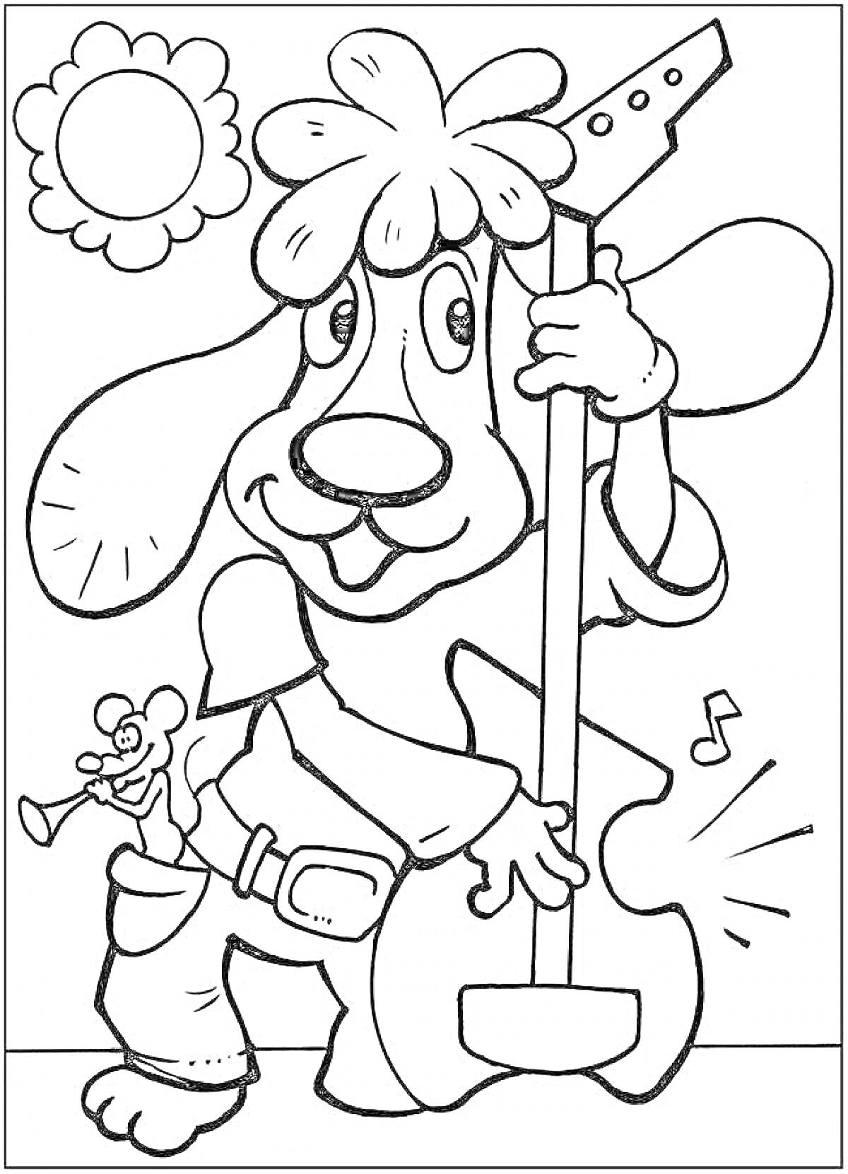 На раскраске изображено: Собака, Гитара, Мышь, Труба, Ноты, Музыкальные инструменты, Цветы