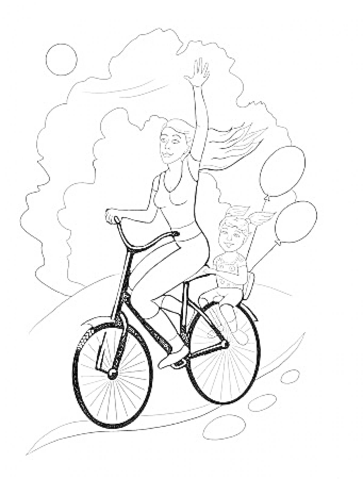 Раскраска Женщина на велосипеде с ребенком и воздушными шарами на фоне деревьев