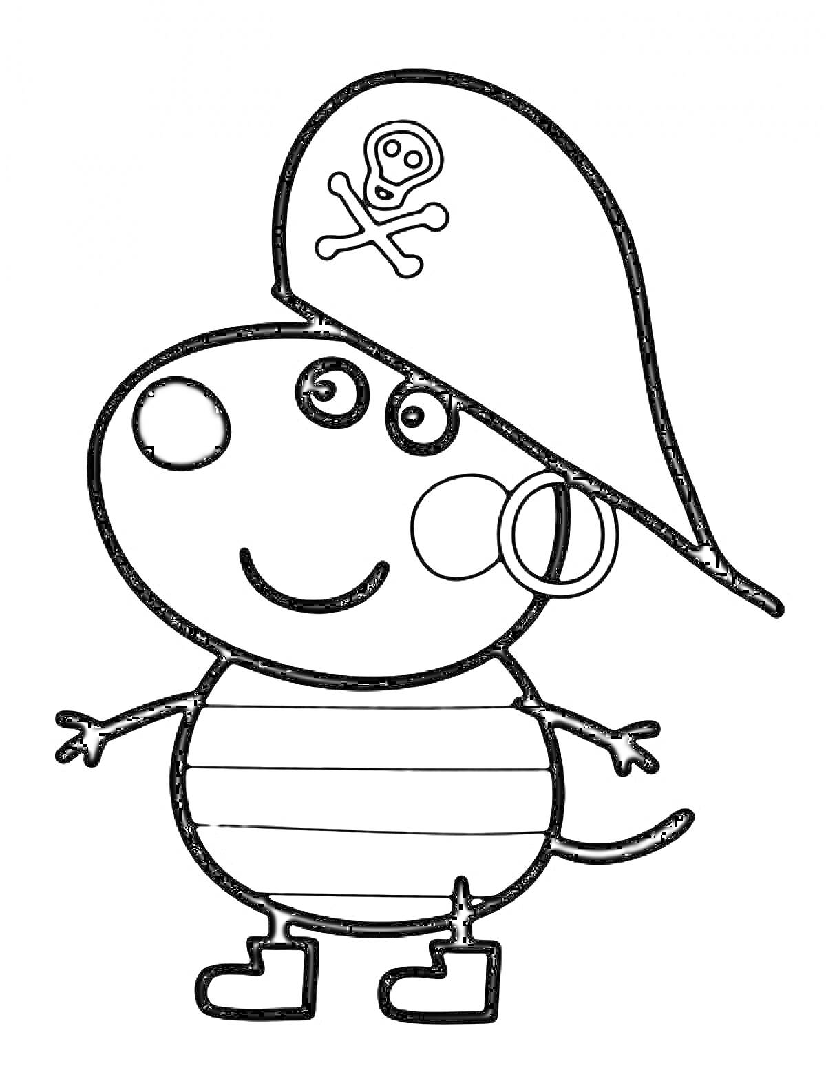 На раскраске изображено: Свинка Пеппа, Полосатая рубашка, Из мультфильмов, Детский персонаж, Серьги, Пираты
