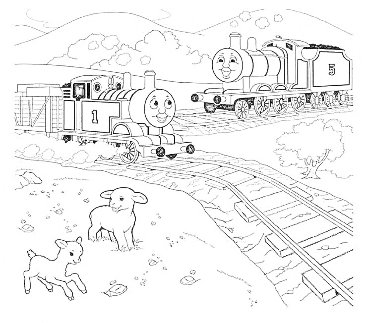 На раскраске изображено: Томас и его друзья, Паровоз, Железная дорога, Ягнята, Природа, Поезд