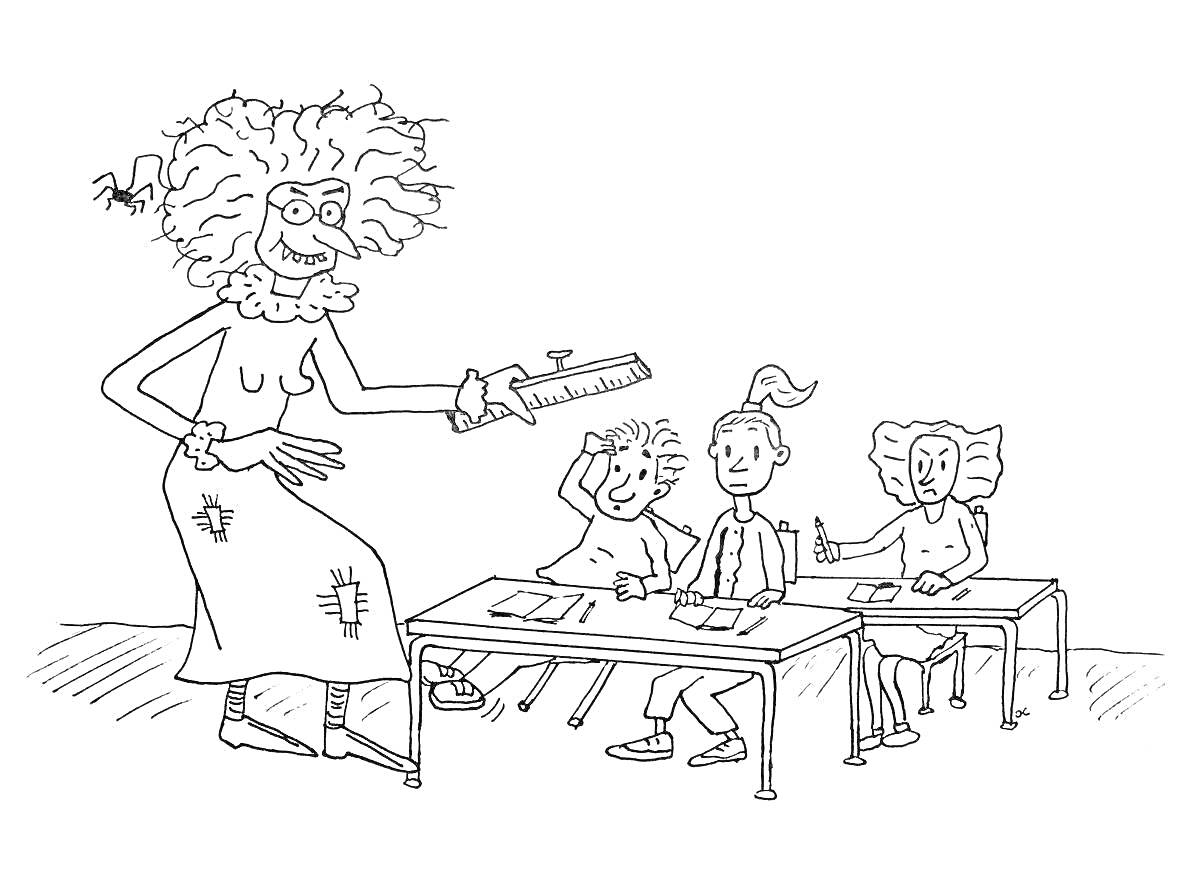 На раскраске изображено: Линейка, Ученики, Парты, Школьная форма, Распущенные волосы, Карикатура, Учебный класс