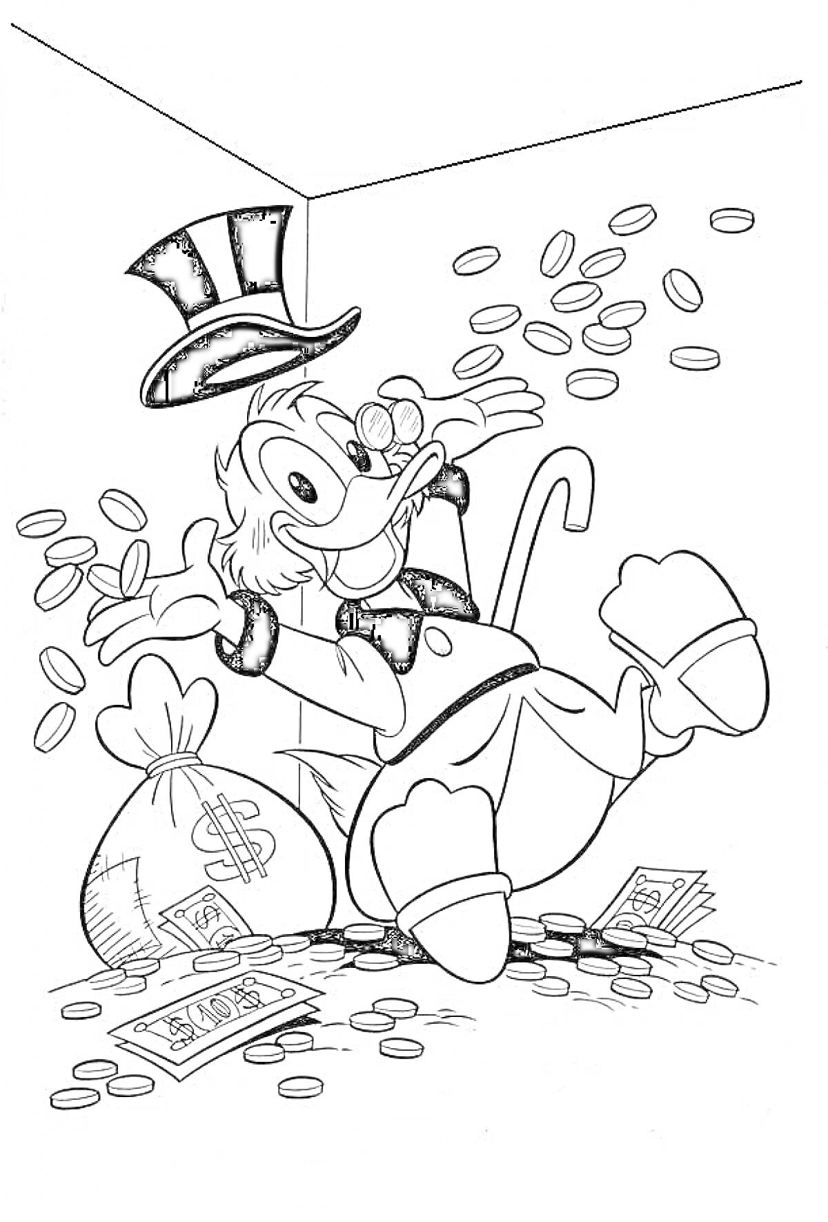 Раскраска Скрудж с моноклем и тростью среди монет и мешков с деньгами