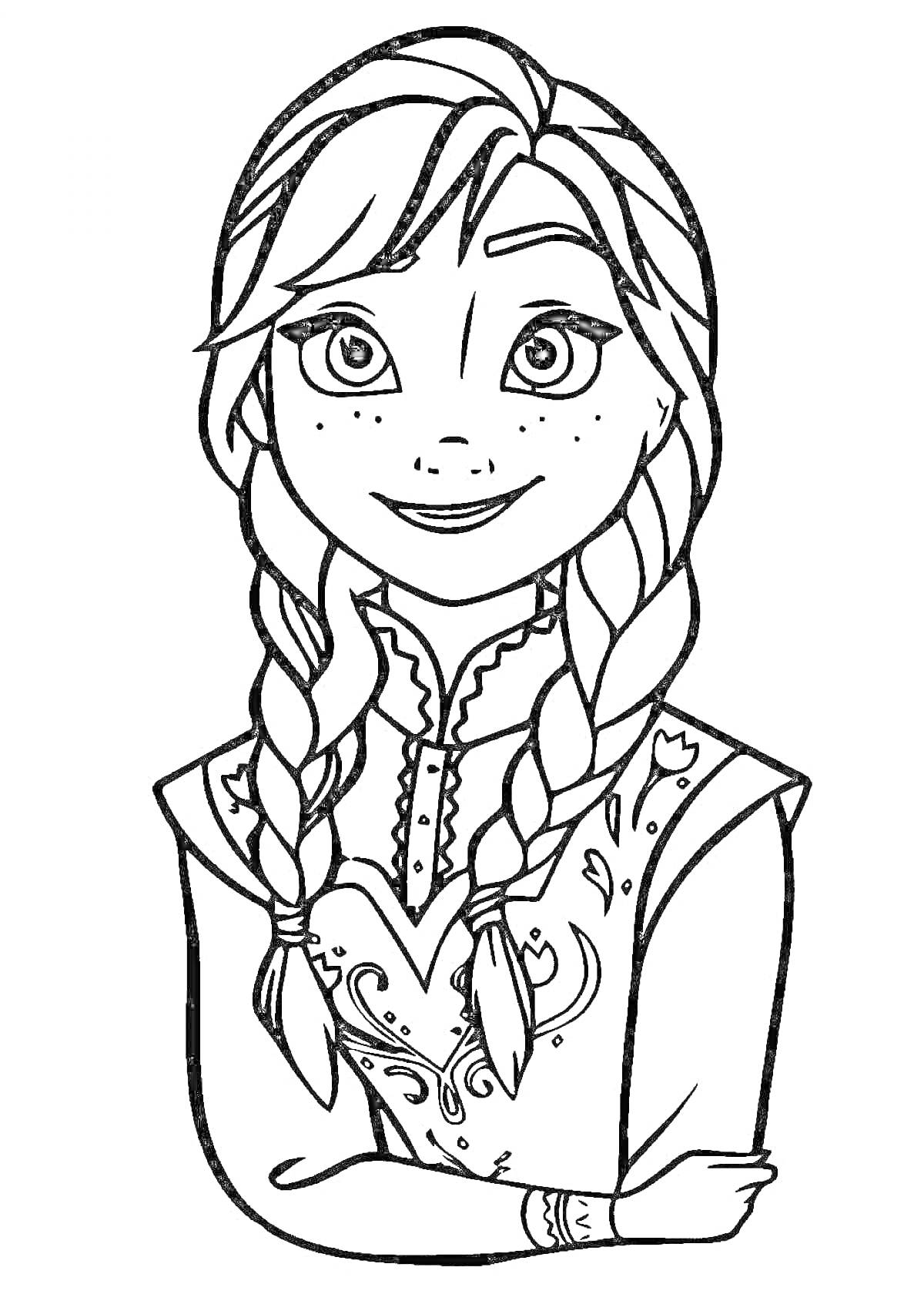 Раскраска Раскраска с персонажем в косах и узорчатой одежде###