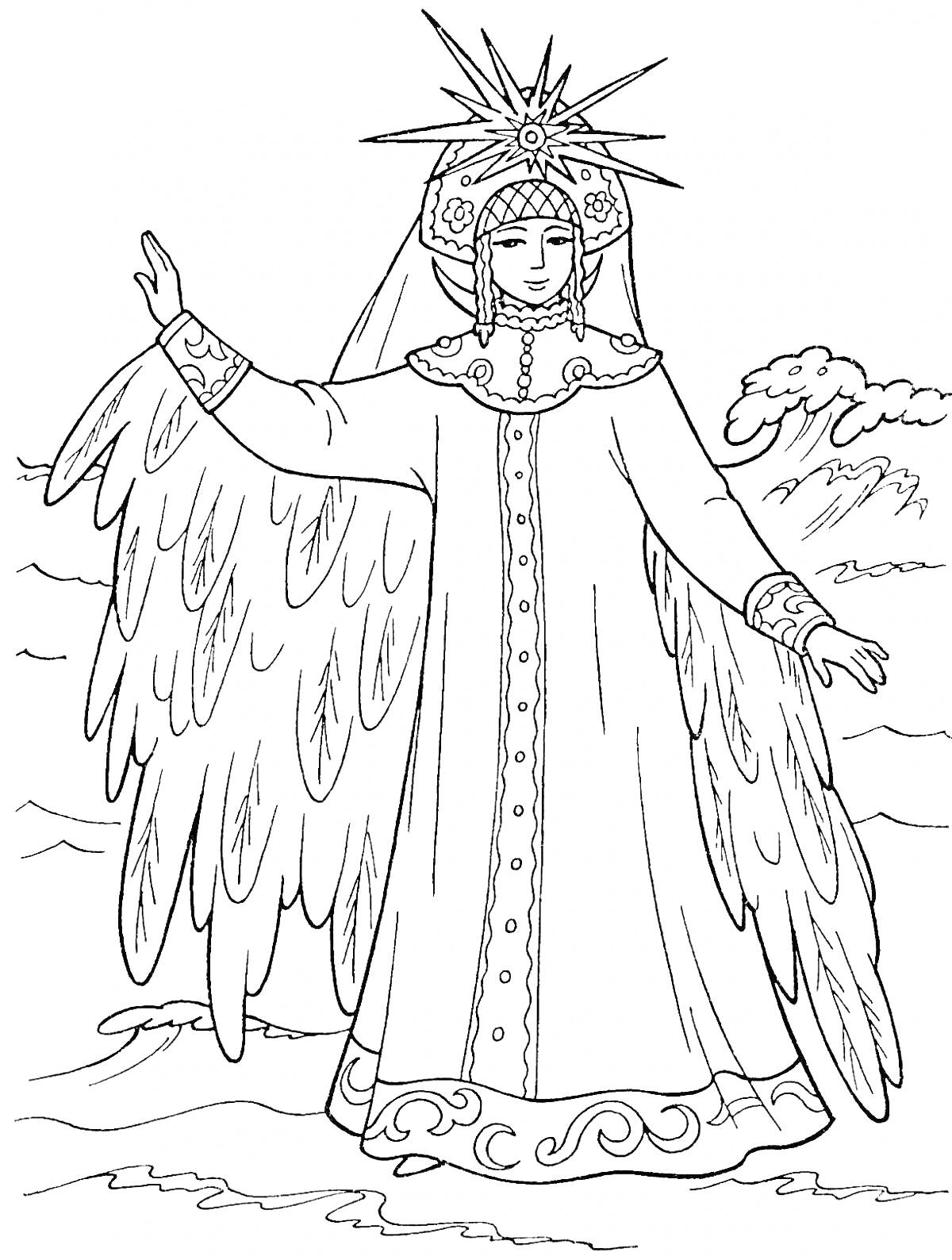 Раскраска Хозяйка Медной горы в длинном одеянии с развевающимися рукавами, в короне с длинными волосами, стоит на фоне гор.