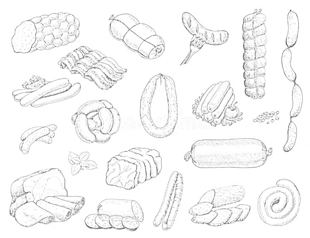 Мясные продукты: колбаса, бекон, буженина, сосиски, ребра, свиной рулет, ветчина, мясо в нарезке, грудинка, маринованные ребрышки, мясные рулетики, сало, мозаичное мясо, сосиски в нарезке, колбасные изделия, нарезка колбасы