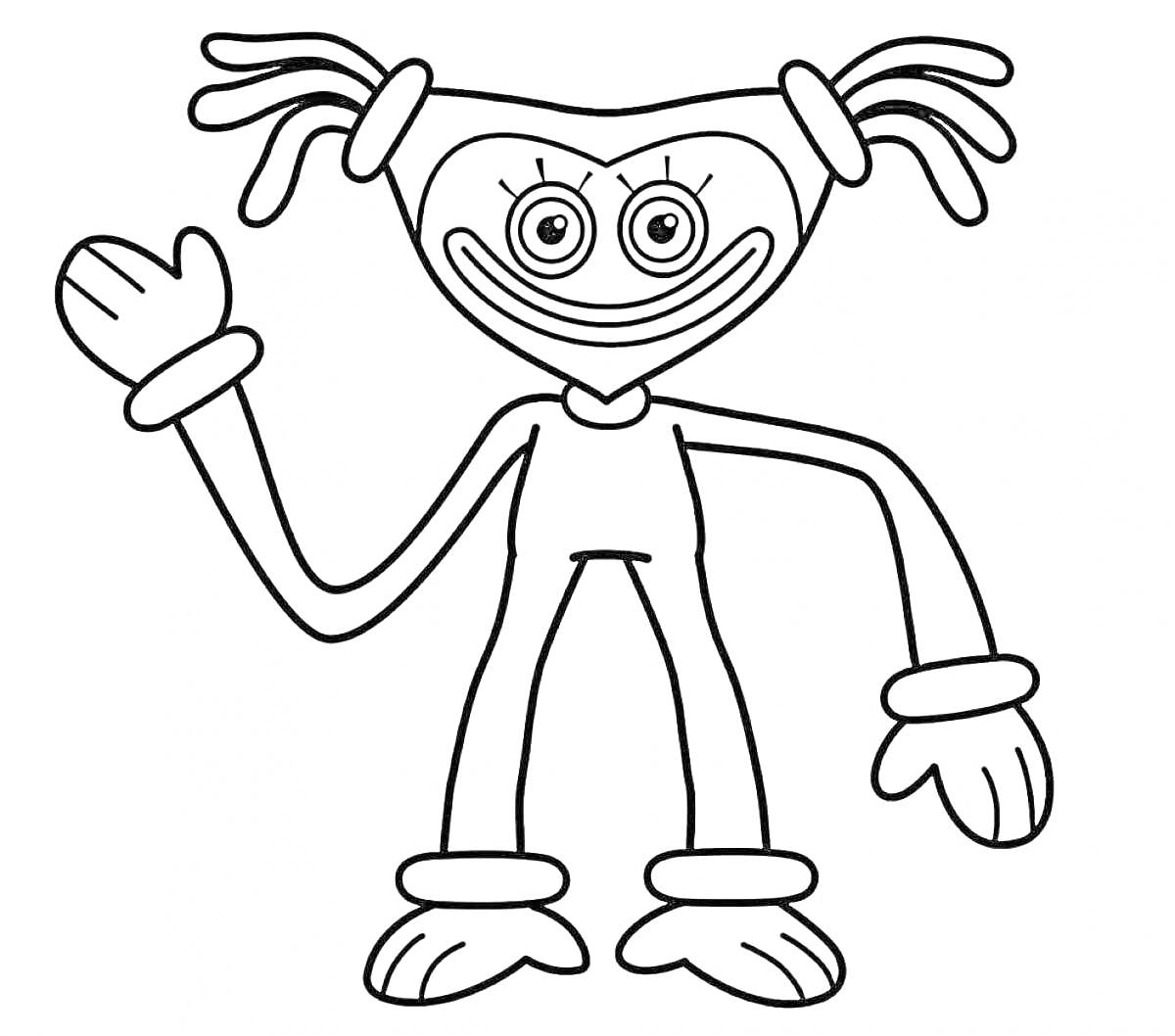 Раскраска Киси Миси с хвостиками, стоящая в полный рост и машущая рукой