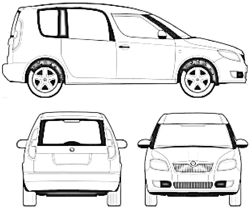 Раскраска Виды автомобиля Шкода - версия сбоку, сзади и спереди