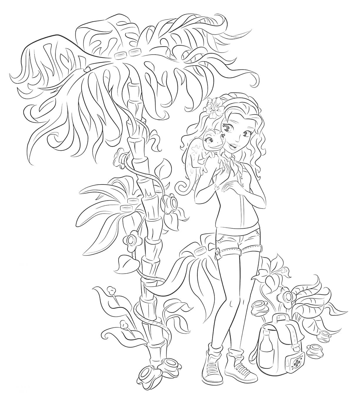 На раскраске изображено: Девочка, Рюкзак, Листья, Природа, Джунгли