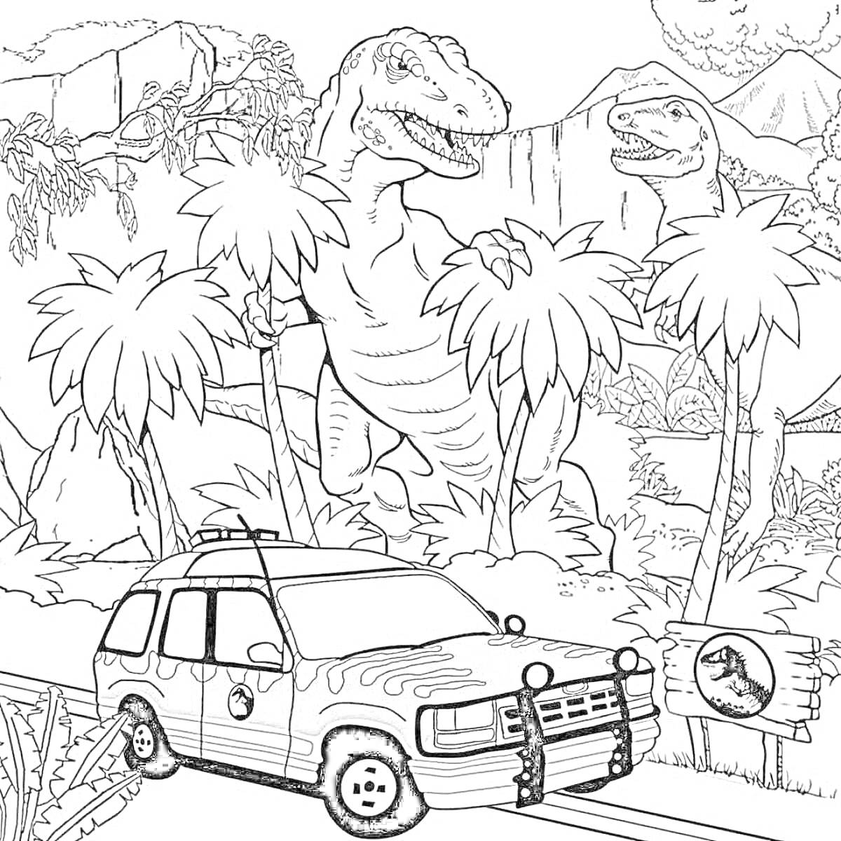 Раскраска Динозавры в джунглях с палеонтологическим автомобилем и знаком Юрского парка