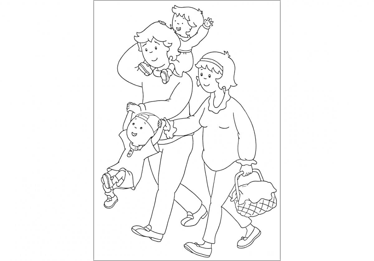 На раскраске изображено: Семья, Прогулка, Родители, Мама, Корзина, Ребенок, Отдых