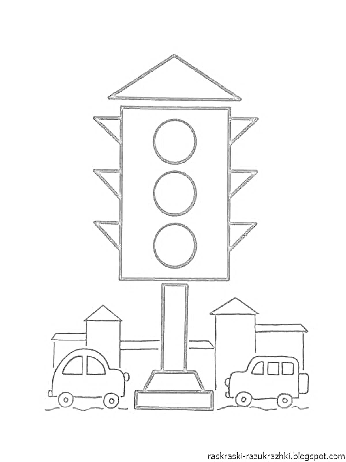 Раскраска Светофор с машинами и зданиями