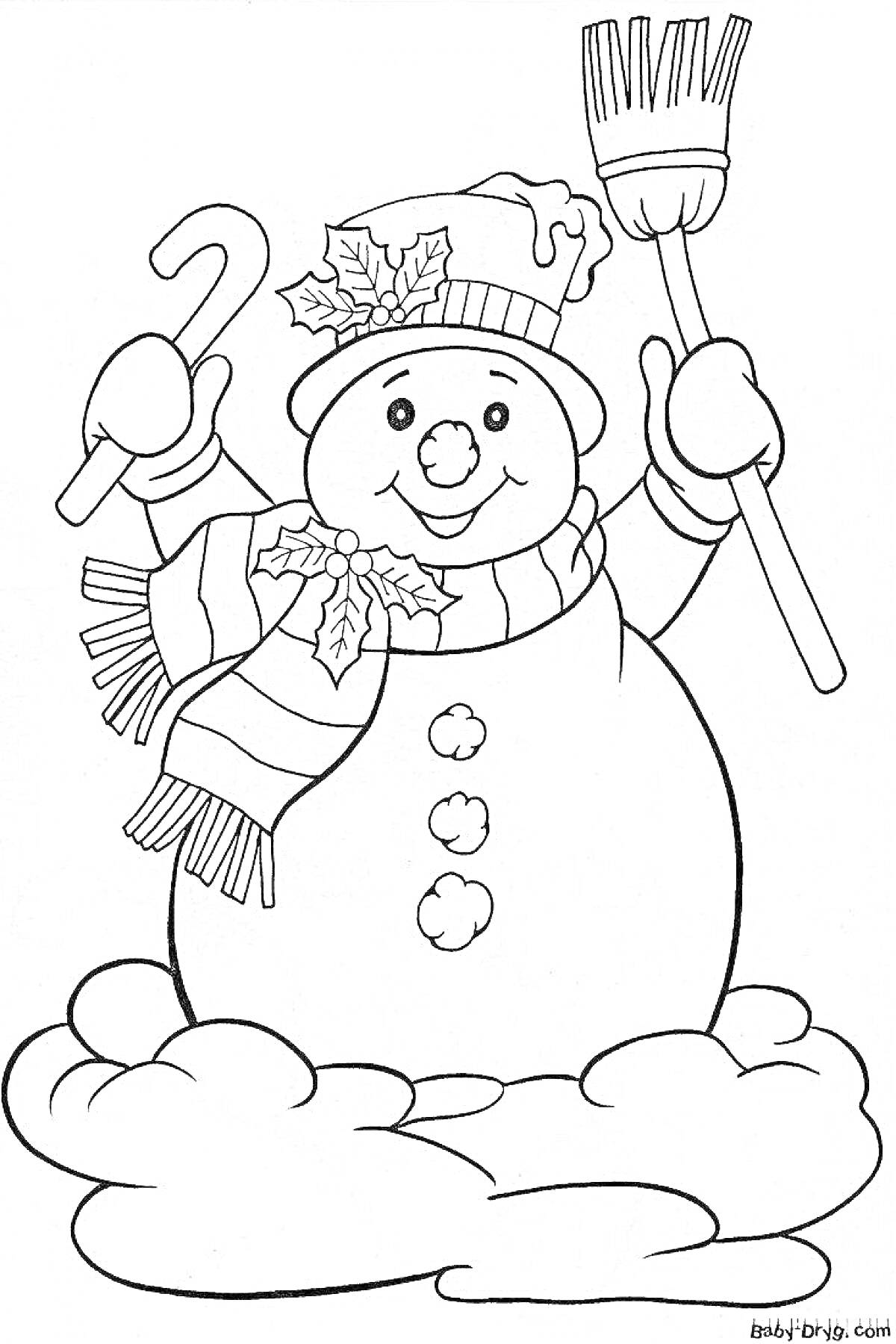 Раскраска Снеговичок с метлой и леденцом, в шапке с лоскутами патефогонного листа и шарфе, стоящий на облаке снега