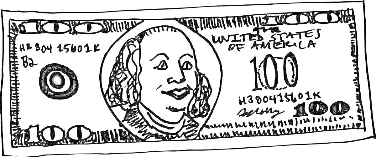 Раскраска 100 долларов США, портрет на купюре, надписи и цифры, идентификационные номера