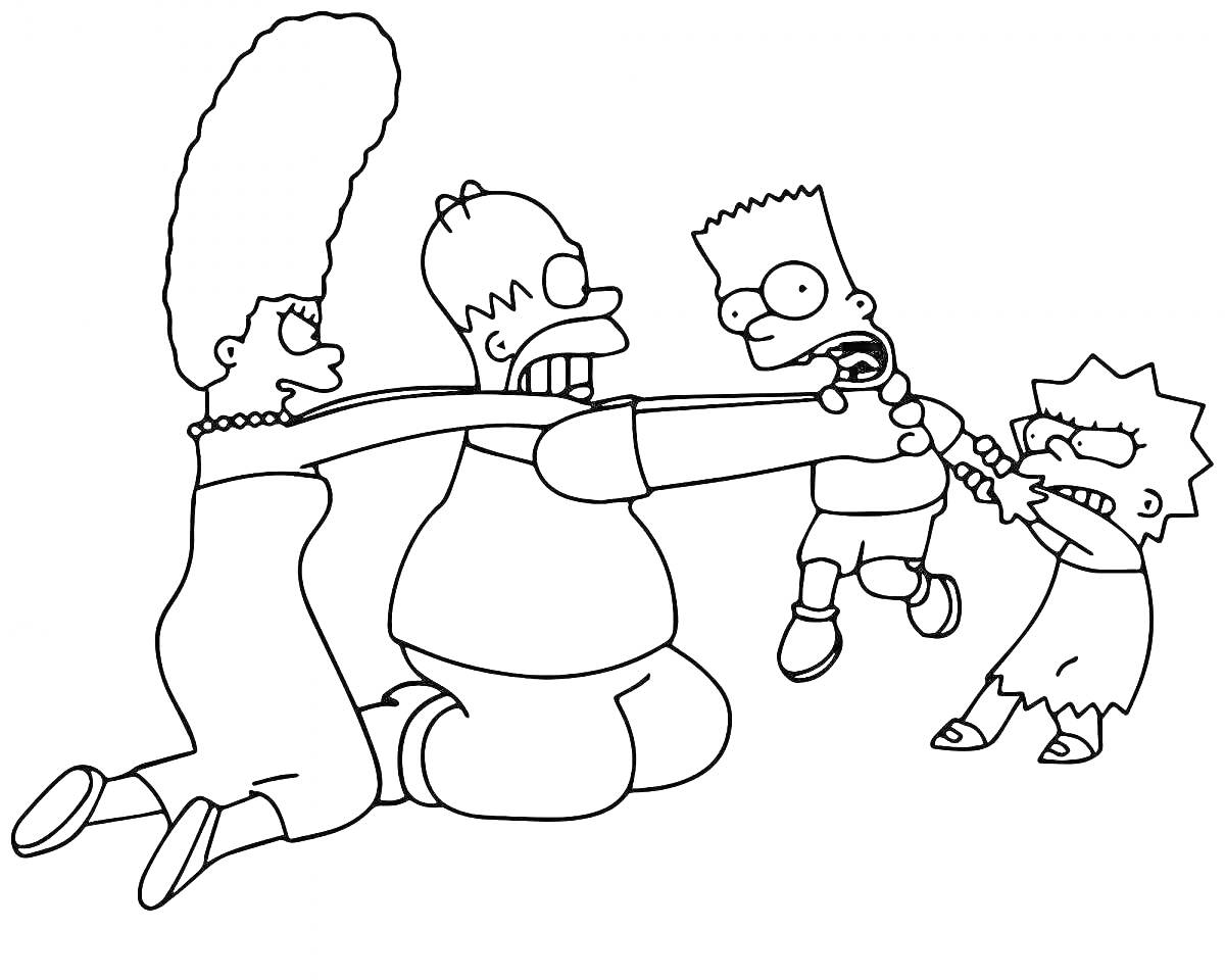 На раскраске изображено: Симпсоны, Мардж, Гомер, Барт, Лиза, Семья, Спор