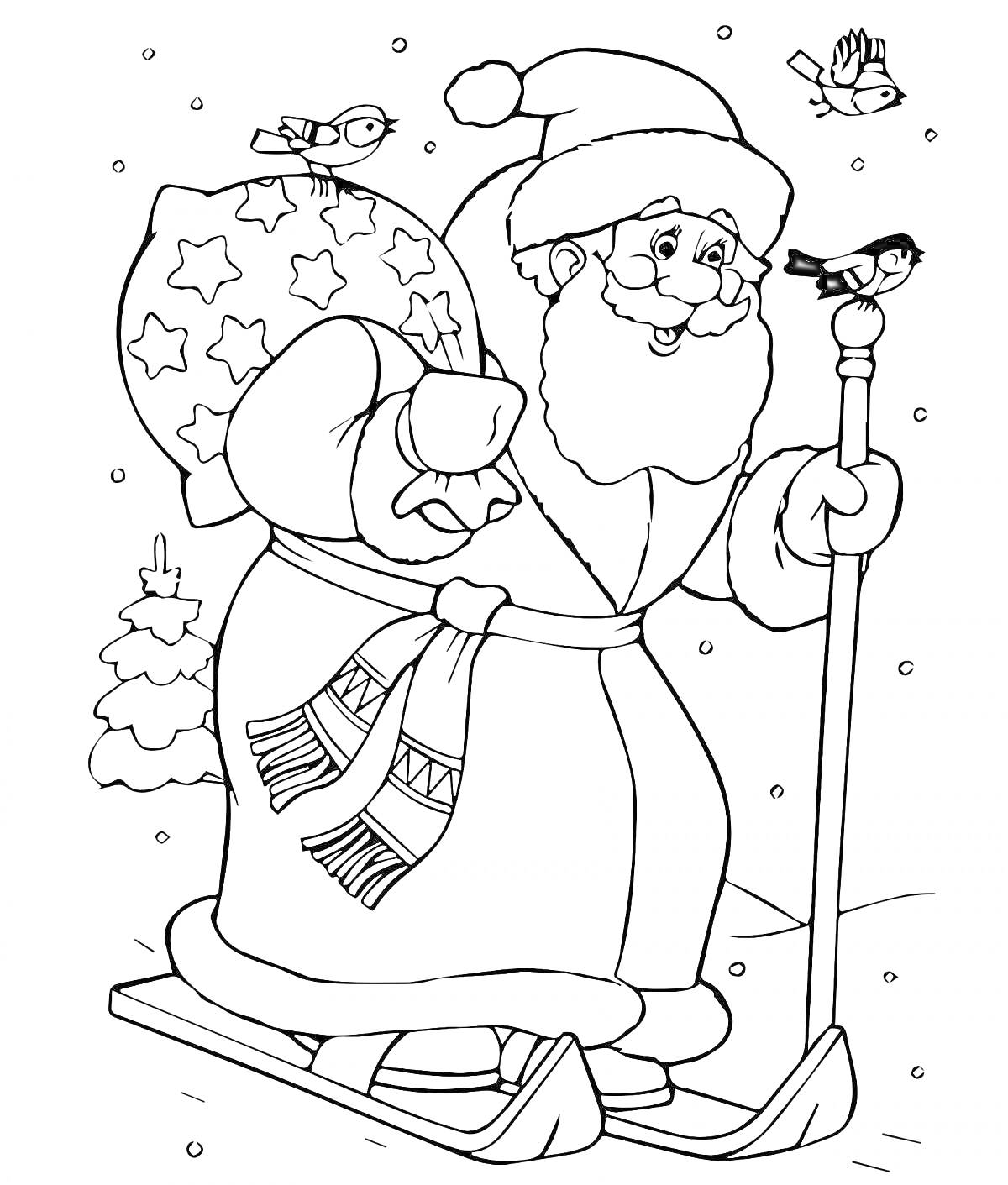 Раскраска Дед Мороз с мешком подарков на лыжах, в окружении птиц и елки, снегопад